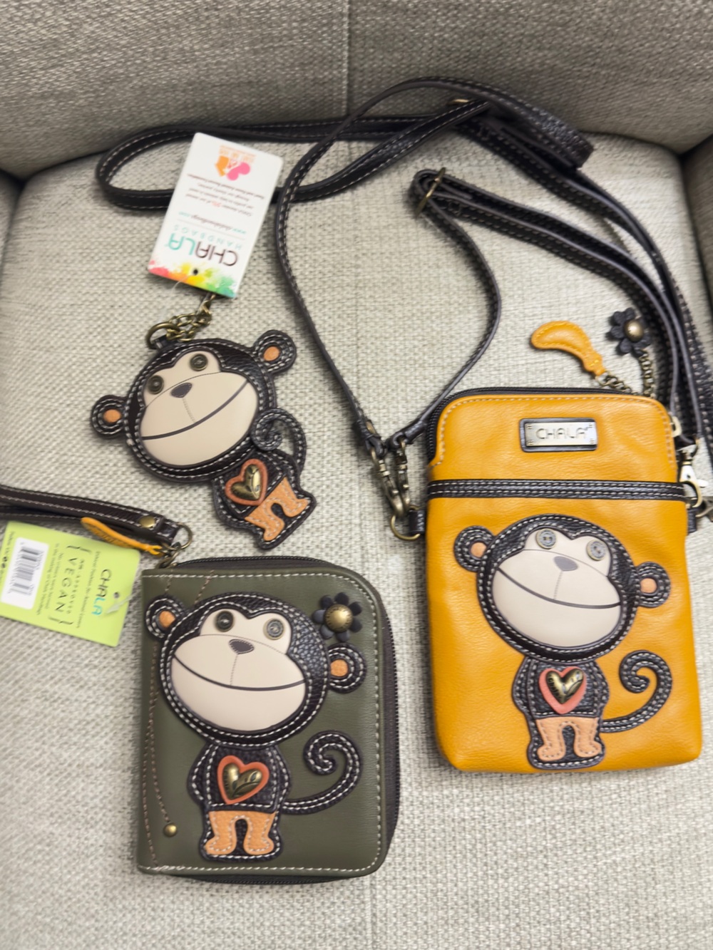 Chala Yellow and Olive Monkey Crossbody Bag, Wallet, Keychain NEW